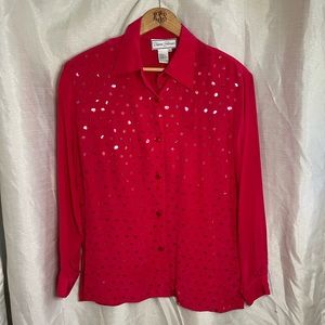 VTG 90’s Silk Sheer Sequin Red Long Sleeve Glam Button Down Blouse
